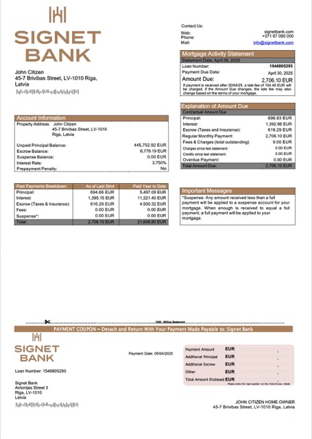 Download Latvia Signet Bank mortgage statement Word and PDF template Photoshop template